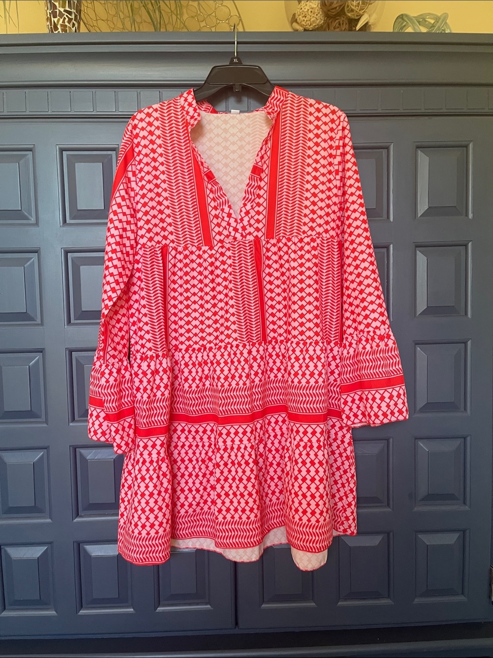 Red pink Printed V-Neck Tiered Tunic